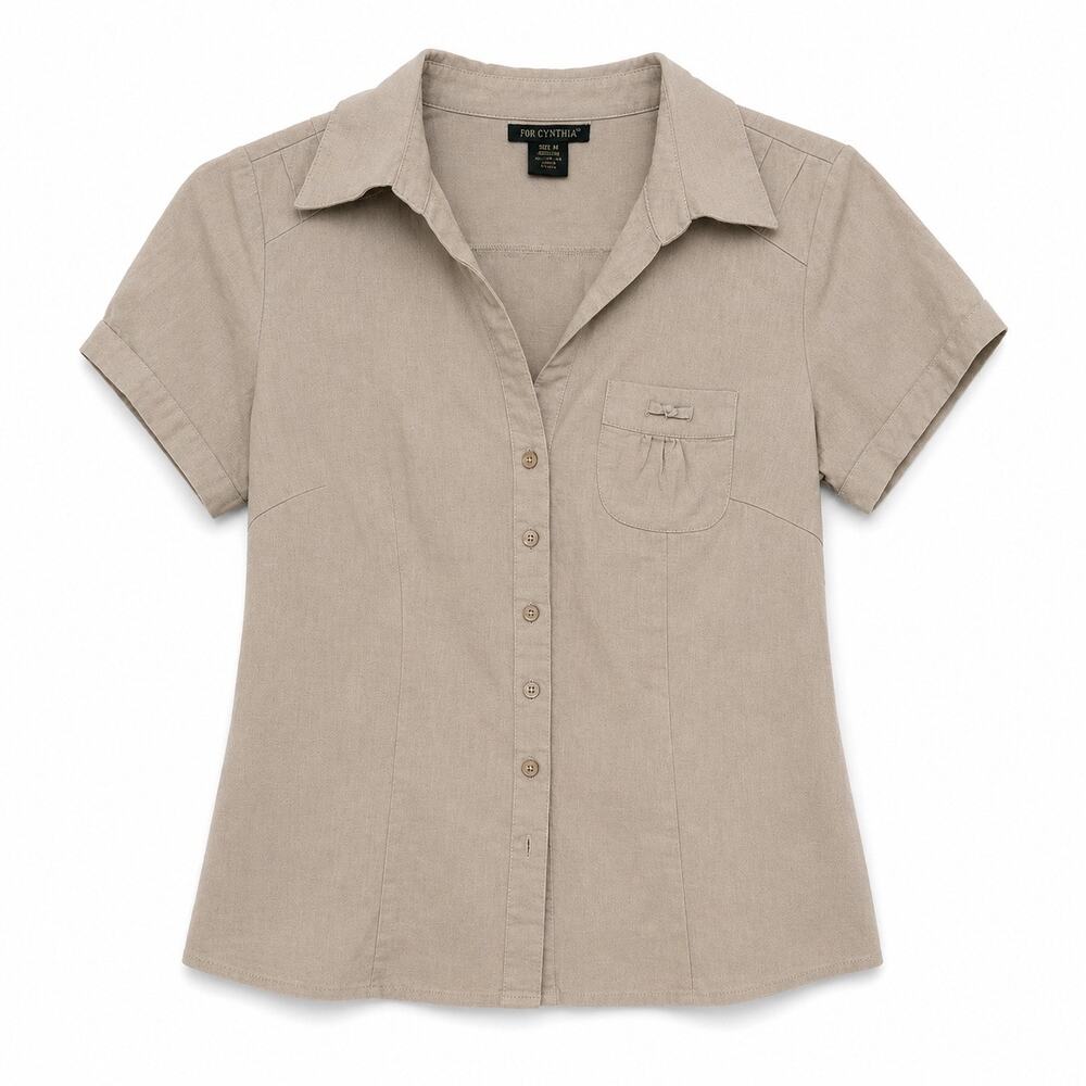 Linen cotton blend button up short  sleeve khaki top. Women’s M